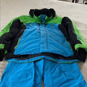 Green and Blue Snow/Ski Jacket and Pants with detachable hood